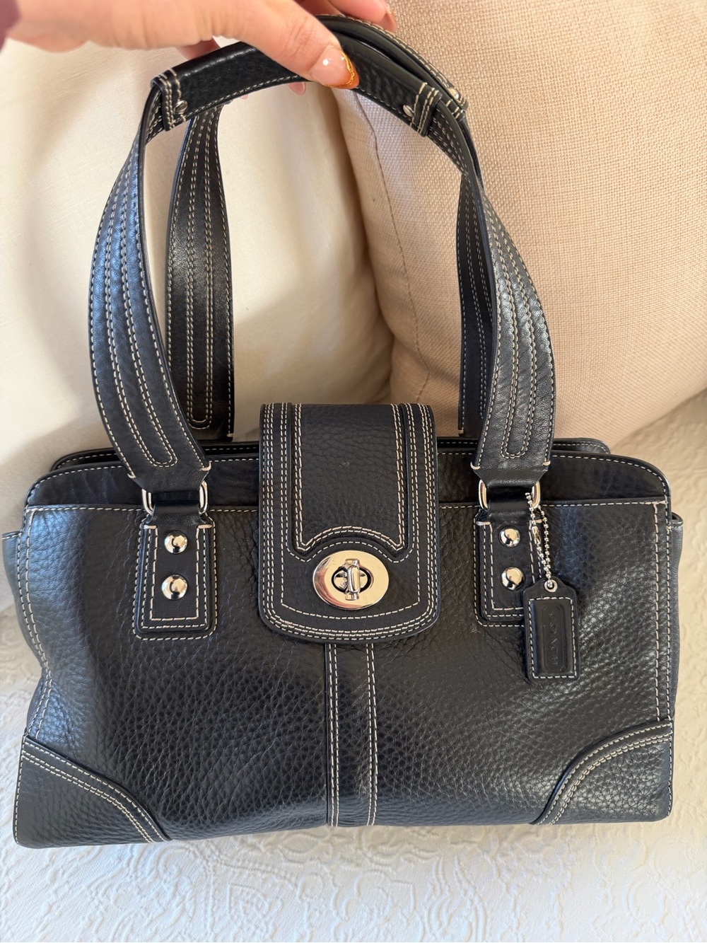 Coach Black Leather Shoulder Bag with White Contrast Stitching
